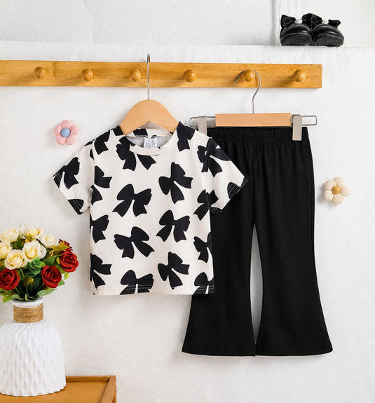White Black Bow Printed Shirt & With Black Plain Trouser Kids Suit