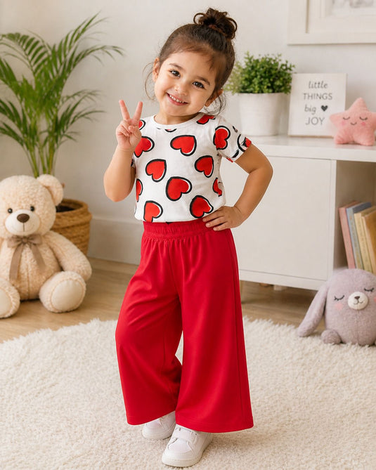 White Red Hearts Printed Shirt & With Red Plain Trouser Kids Suit