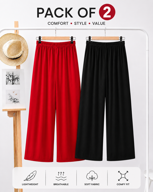 Pack Of 2 Plazo Trousers For Girls ( Black and Red )
