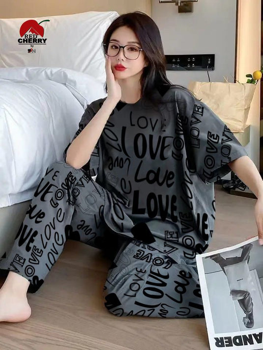 Grey Love Prineted Half Sleeves Shirt and Printed Trouser Night Wear