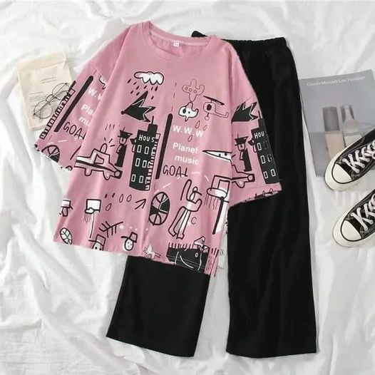 Pink Planet Music Half Sleeves Shirt and Black Plain Trouser Night Wear