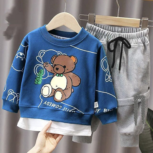 Blue Teddy Bear Printed Sweatshirt and Grey Trouser Kids Track Suit