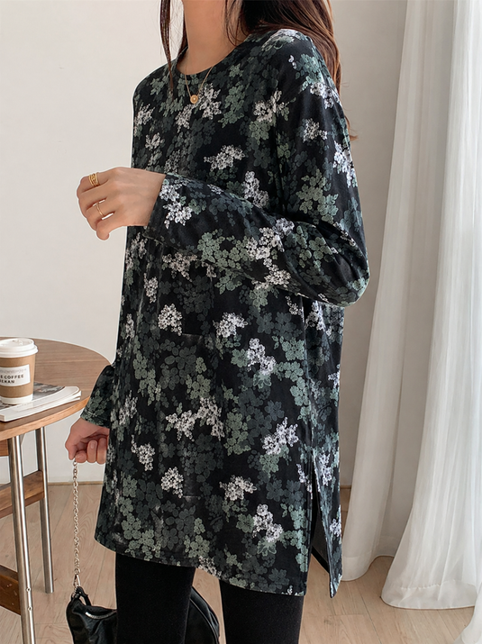 Grey Flowers Printed Long Shirt