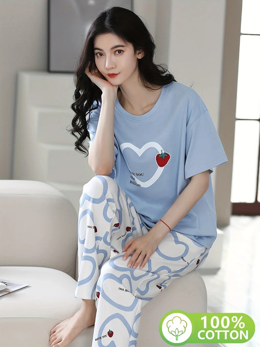 Sky Blue Strawberry Heart Printed Half Sleeves Shirt and Printed Trouser Night Wear