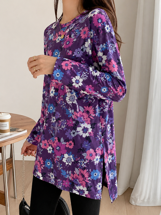 Purple Flowers Printed Long Shirt