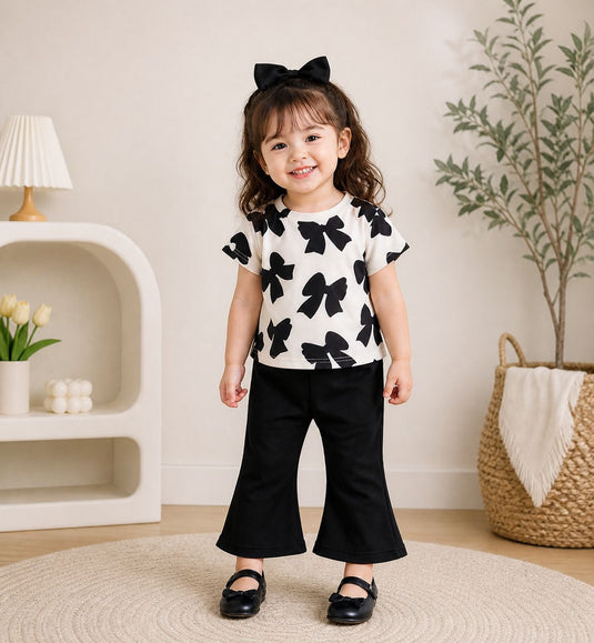 White Black Bow Printed Shirt & With Black Plain Trouser Kids Suit