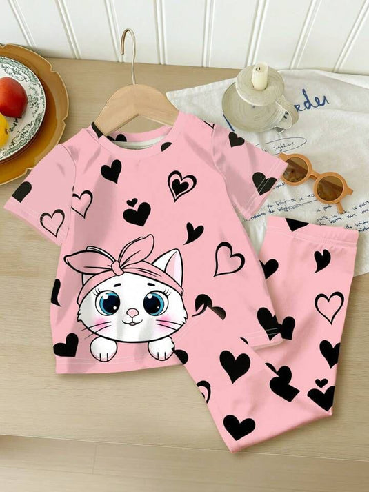 Pink Kitty With Black Hearts Printed Kids Suit