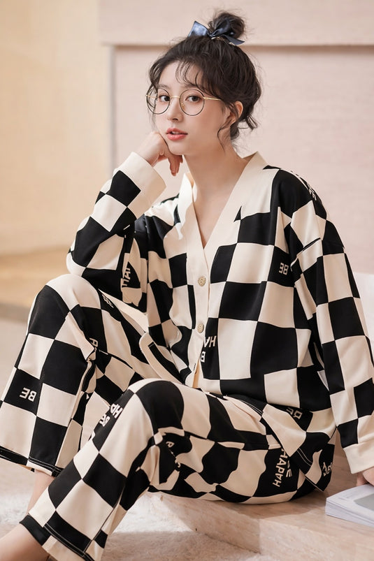 White Check Printed Front Button Night Wear