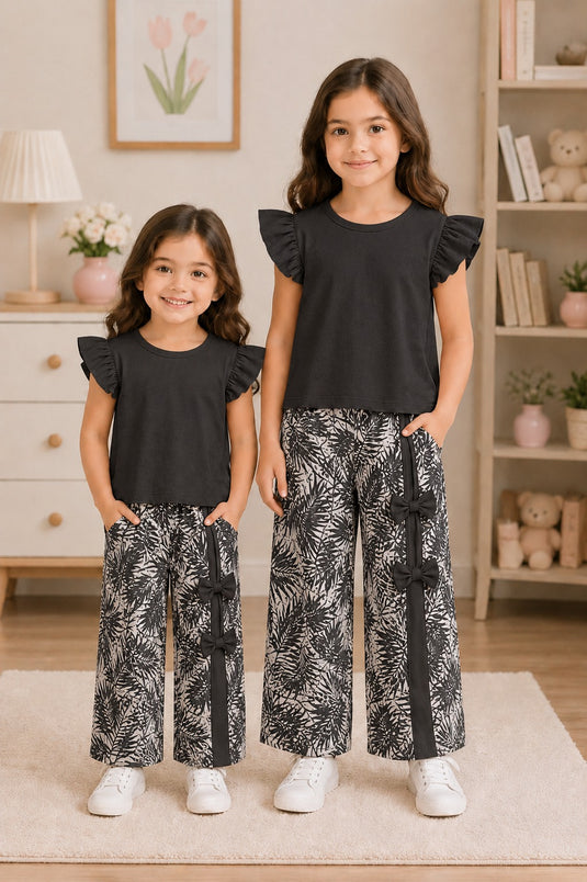 Black Frill Sleeves Shirt and Side Bow Leaf Printed Kids Wear