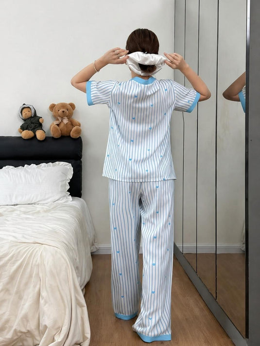 Sky Blue Lining Printed Front Button Night Wear