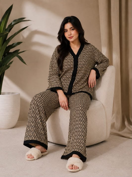 Brown Signature Printed V Neck Front Button Night Wear