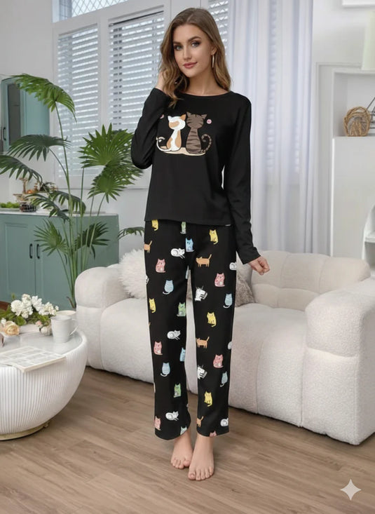 Black 2 Cats Full Sleeves Shirt and Printed Trouser Night Wear
