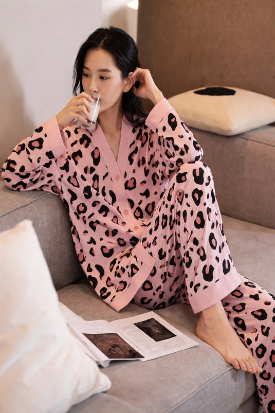 Baby Pink Cheetah Printed Front Button Night Wear