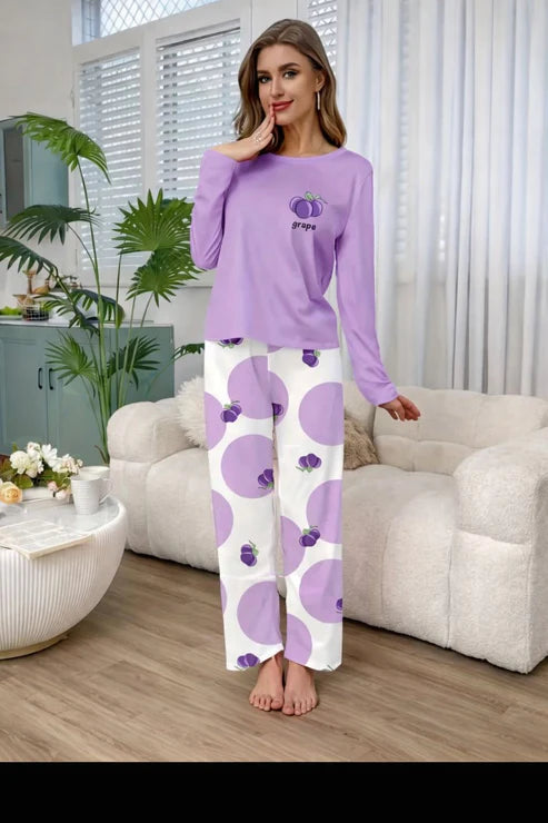 Purple Grape Full Sleeves Shirt and Printed Trouser Night Wear