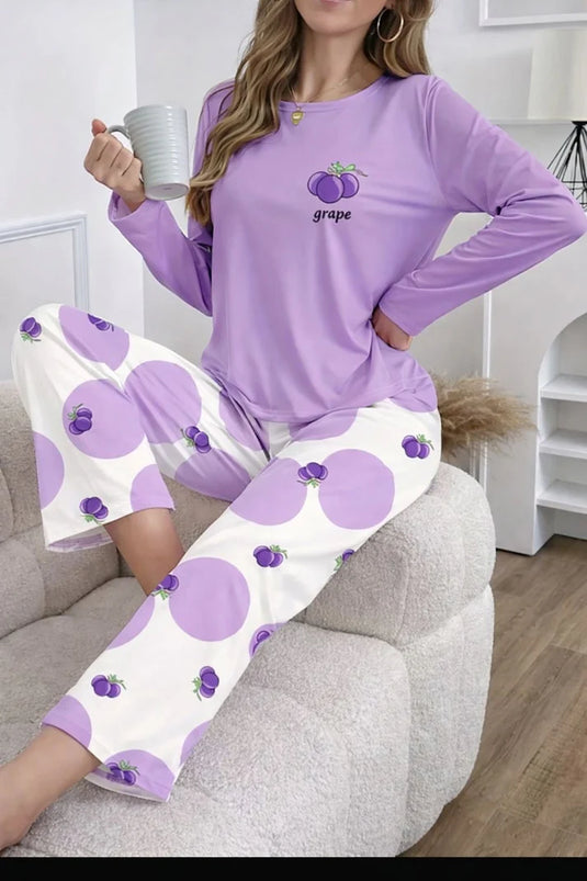 Purple Grape Full Sleeves Shirt and Printed Trouser Night Wear