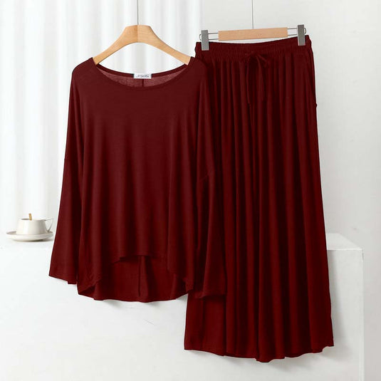 Plain Mehroon Round Neck Frill Sleeves Night Wear