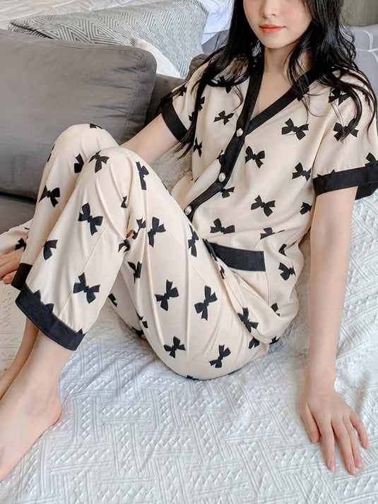 White With Black Bow Printed Front Button Night Wear