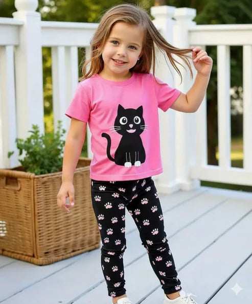 Pink With Black Cat Printed Kids Suit
