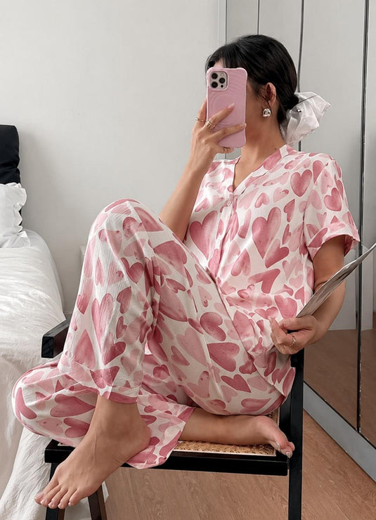 Rose Pink All Over Big Hearts Printed Front Button Night Wear