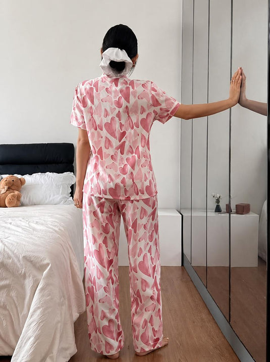 Rose Pink All Over Big Hearts Printed Front Button Night Wear
