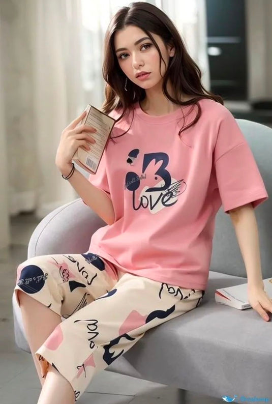 Pink Love Printed Half Shirt and Printed Trouser Night Wear