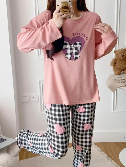 Pink Loving Heart Printed Full Sleeves Shirt and Printed Trouser Night Wear
