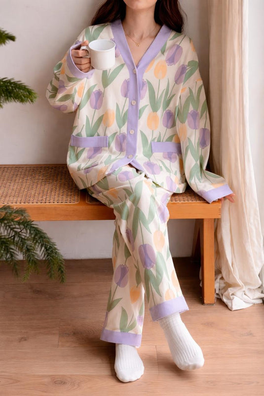 Purple Flower Printed Front Button Night Wear