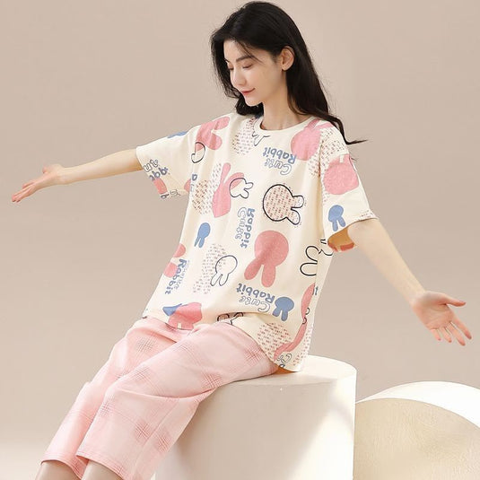 Off White With Rabbits Printed Half Shirt and Printed Trouser Night Wear