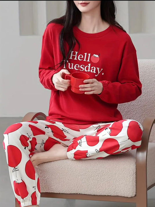 Red Hello Tuesday Printed Full Sleeves Shirt and Printed Trouser Night Wear