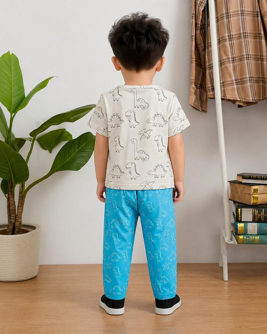White Blue Dino Printed Shirt & WIth Trouser Kids Suit