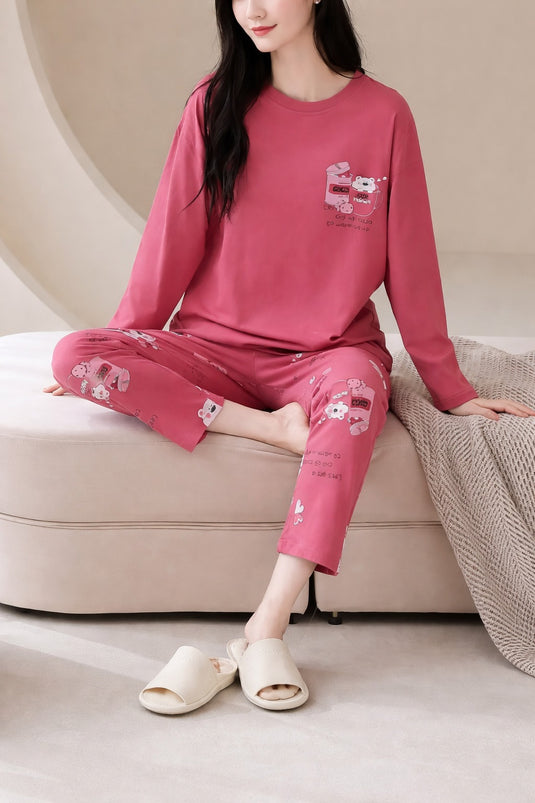 Hot Pink Sleepy Bear Full Sleeves Shirt and Printed Trouser Night Wear