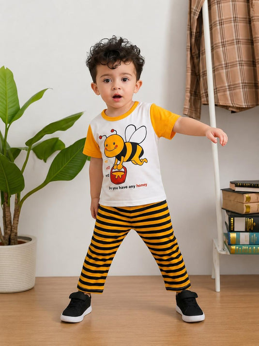 White Yellow Honey Bee Printed Shirt & WIth Printed Trouser Kids Suit