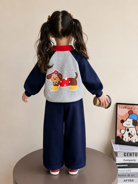 Navy Blue and Grey Puppy Printed Kids Track Suit