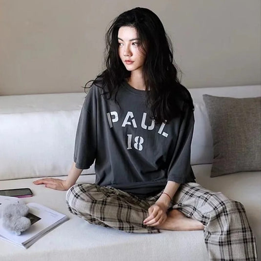 Grey Paul Half Sleeves Shirt And Chek Printed Trouser Night Wear