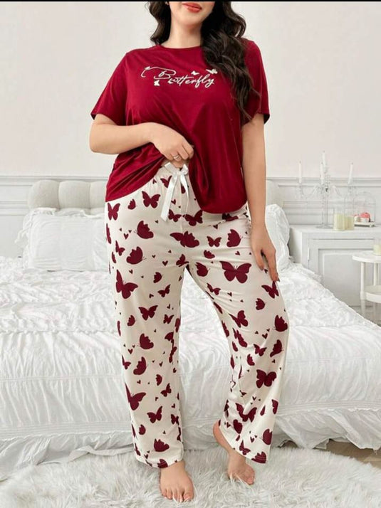 Mehroon Butterfly Printed Half Sleeves Shirt and Butterfly Printed Trouser Night Wear