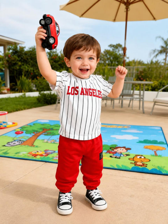 White Red Los Angeles Printed Shirt & WIth Trouser Kids Suit