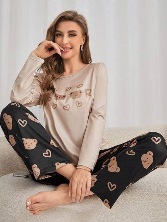 Off White Bear Printed Full Sleeves Shirt And Printed Trouser Night Wear