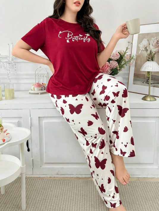 Mehroon Butterfly Printed Half Sleeves Shirt and Butterfly Printed Trouser Night Wear