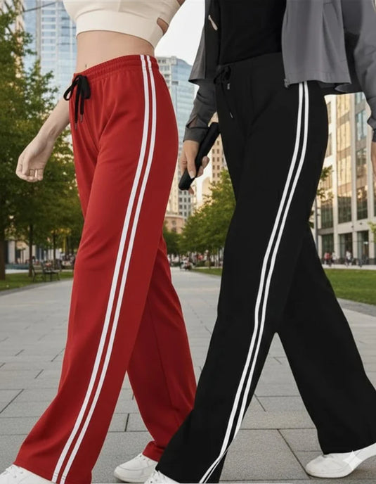Pack Of 2 White Strips Trousers For Girls ( Black and Red )