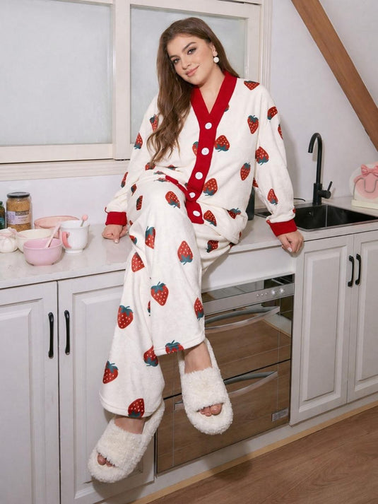 White With Red Strawberry Printed Front Button Night Wear