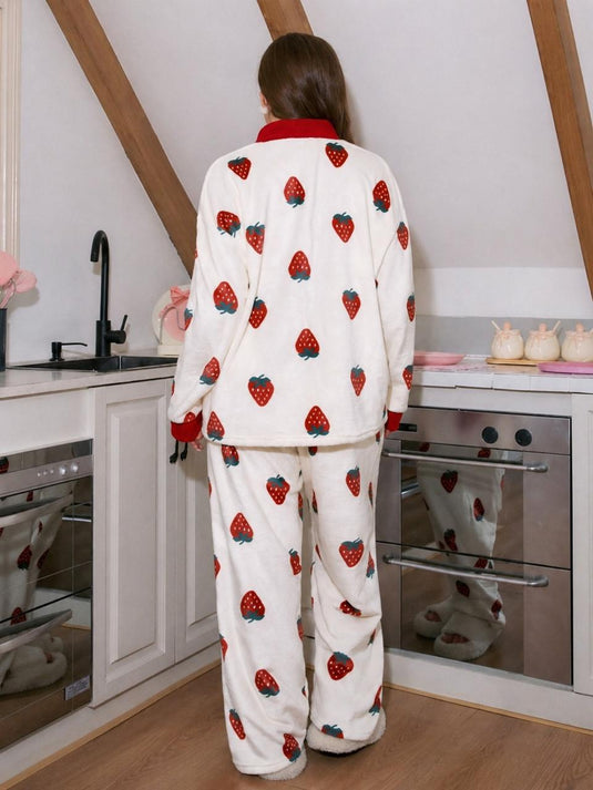 White With Red Strawberry Printed Front Button Night Wear
