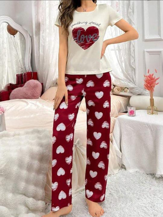 White Love Heart Half Sleeves Shirt And Printed Trouser Night Wear