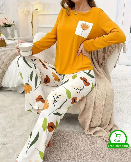 Yellow Flower Pocket Printed Full Sleeves Shirt and Printed Trouser Night Wear