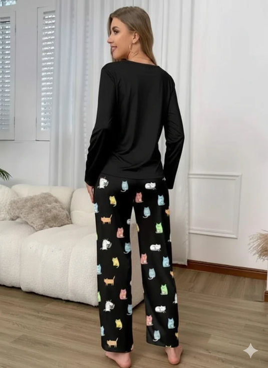 Black 2 Cats Full Sleeves Shirt and Printed Trouser Night Wear