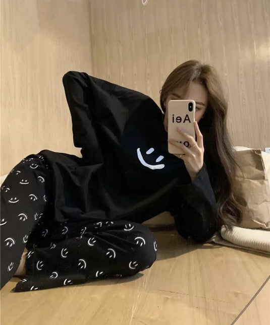 Black Smiley Full Sleeves Night Wear