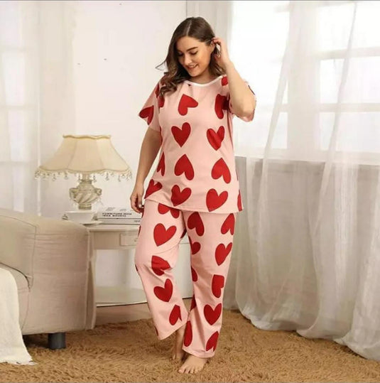 Pink With Red Hearts Printed Half Sleeves Shirt And Heart Printed Trouser Night Wear