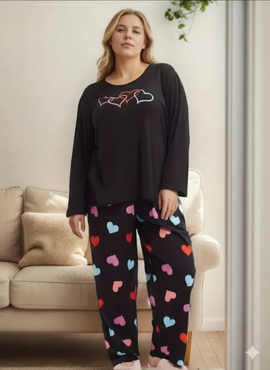 Black Four Multi Hearts Full Sleeves Shirt and Printed Trouser Night Wear
