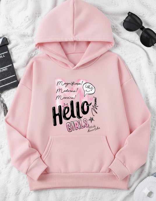 Pink Hello Girls Printed Hoodie
