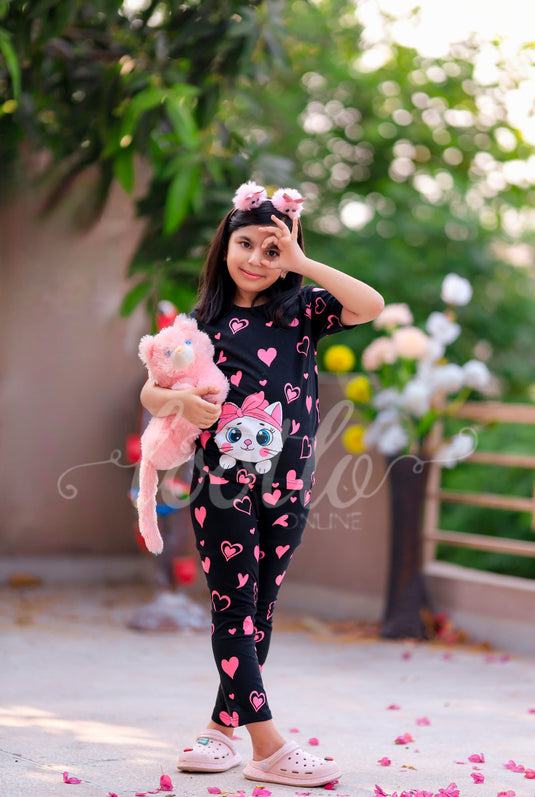 Black White Kitty With Pink Hearts Printed Kids Suit