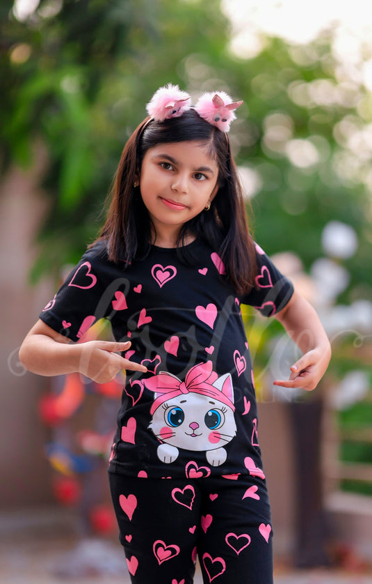Black White Kitty With Pink Hearts Printed Kids Suit